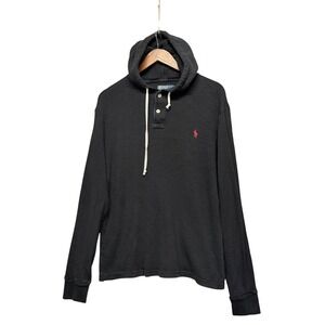 Polo Ralph Lauren Hoodie Men L Black Waffle Knit Henley Thermal Pony Heritage